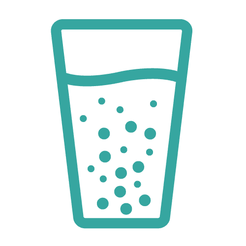 an illustrated teal icon of a water glass with water and small particles that are dissolving, indicating "water-soluble" 