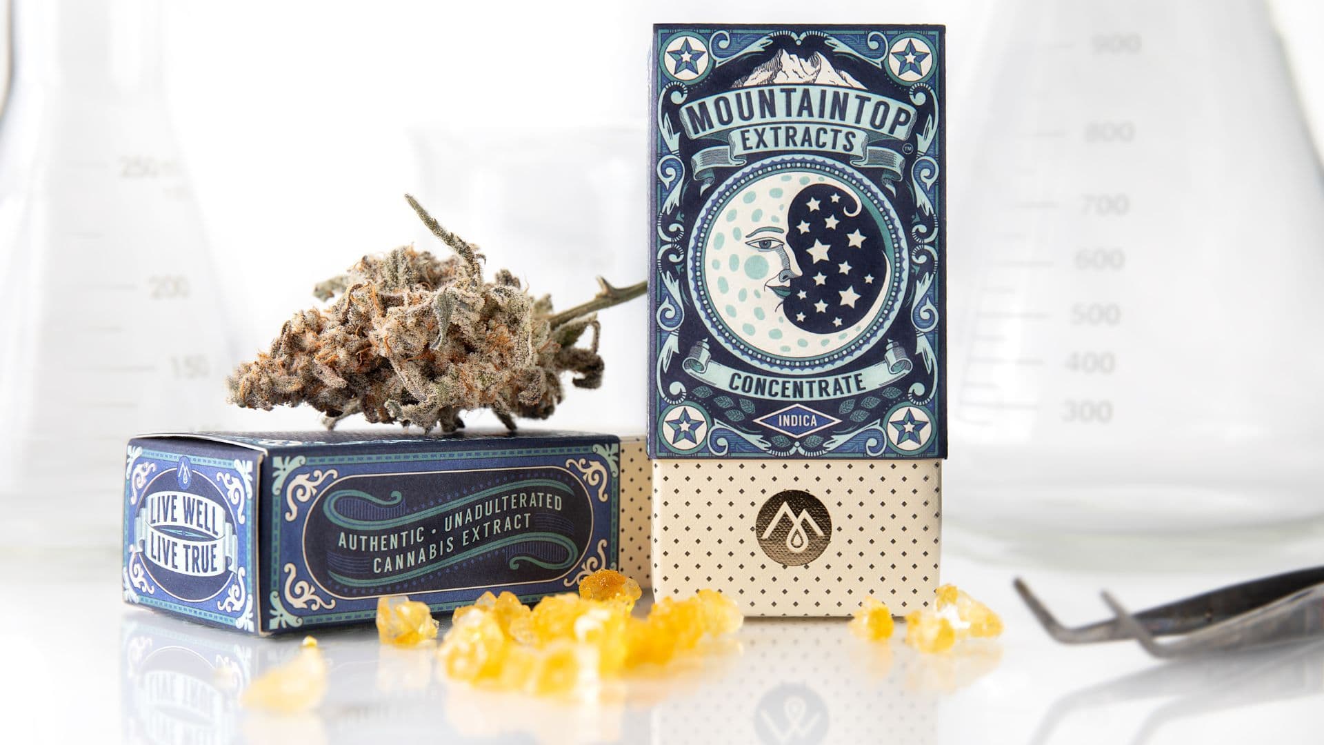 photo of Mountaintop Extracts concentrates packaging, with a big nut sitting on top and gorgeous golden diamonds in front
