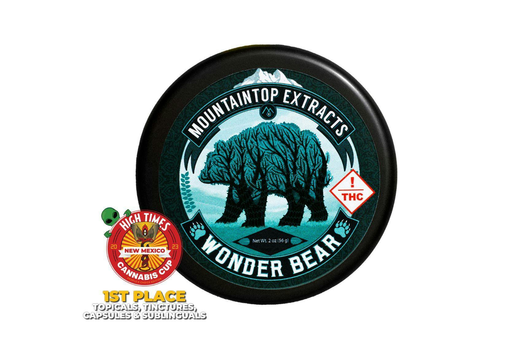 a packaging photo of Wonder Bear Salve, cannabis-infused topical from Mountaintop Extracts on a white backdrop.