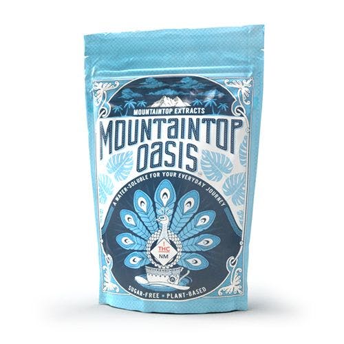 a packaging photo of Oasis, dissolvable cannabis powder from Mountaintop Extracts on a white backdrop.