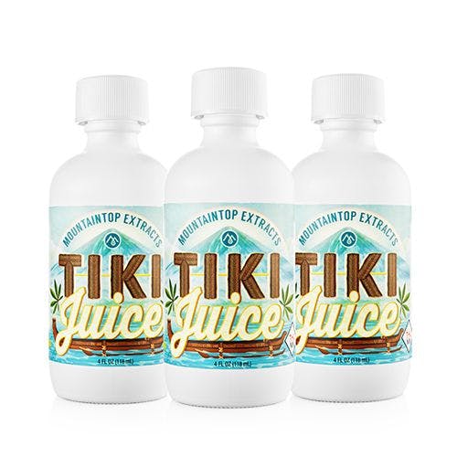 a photo of three bottles of Tiki Juice by Mountaintop Extracts, on a white background.