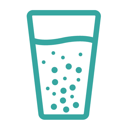 an illustrated teal icon of a water glass with water and small particles that are dissolving, indicating "water-soluble" 