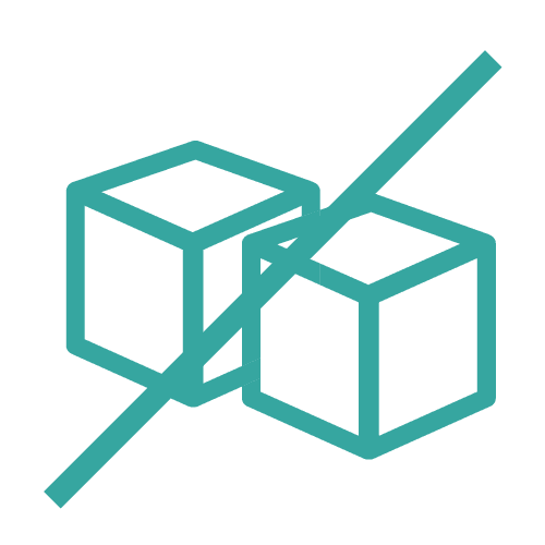 an illustrated teal icon of two sugar cubes with a line through them, indicating "sugar-free" 
