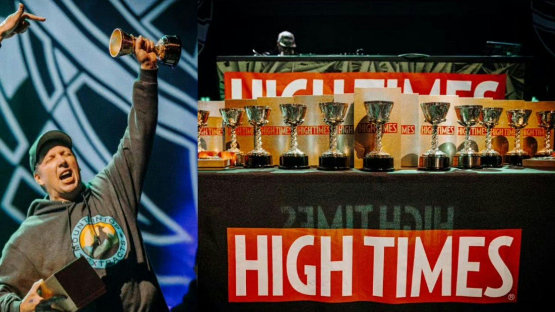 a photo of a Mountaintop Extracts employee raising a trophy in the air at the High Times awards show, December 2023