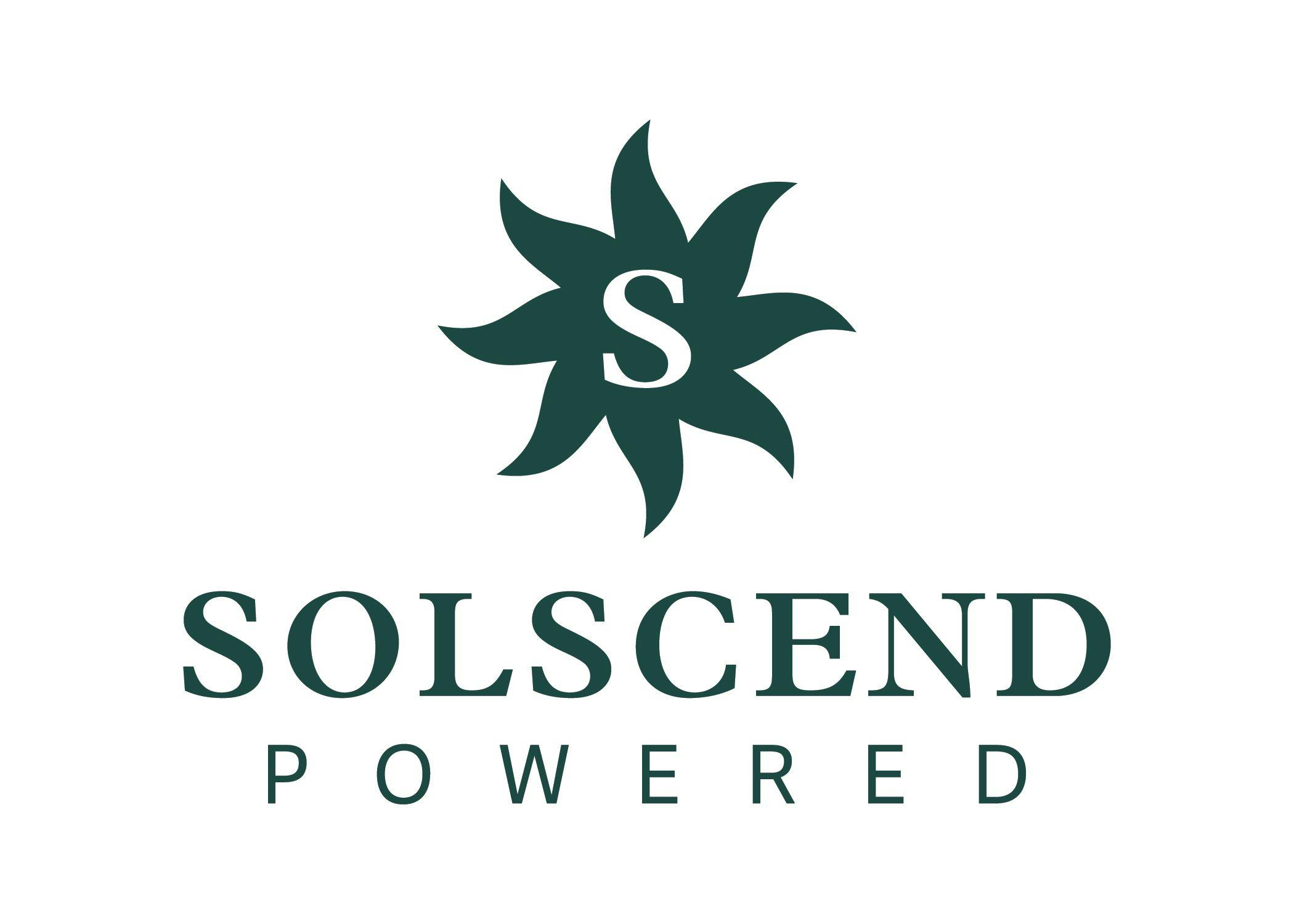 a dark green graphic logo with an "S" inside a sun which reads Solscend Powered.
